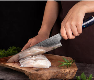 سكين مطبخ من الفولاذ الدمشقي مع راتنج أزرق ، سكين مطبخ مع قرص العسل ، سكاكين منزلية مستديرة من الخضار - Product Image 4