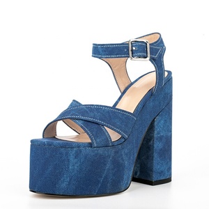 15CM High Chunky Heels Thick Platform Women's Denim Sandals Square Open Toe Cross Strap Girl Blue Summer <b>Shoes</b> - Product Image 6