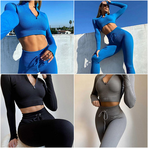 Women's Casual Suit High Waisted Leggings Zip Up Crop Top <b>Set</b> Solid Color Short Sleeve <b>Knitted</b> Polyester Fiber Yiwu Origin - Product Image 3