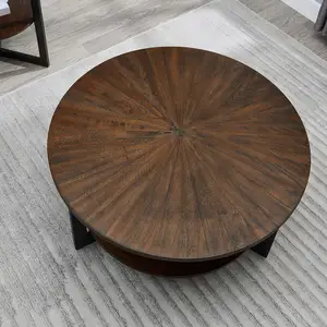 Round Coffee Table Storage Shelf, Farmhouse Living Room Cocktail Black Metal Legs, Circular Solid Wood Center Tea Table