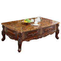 Table d'appoint de salon de style européen antique en bois massif sculpté avec plateau en marbre, table de canapé pour projet de mobilier domestique