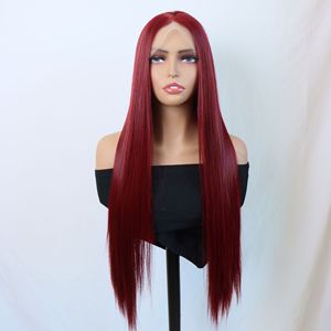 Peluca de encaje frontal de fibra sintética resistente al calor <span class=keywords><strong>1557</strong></span> roja con cabello largo y liso y línea de cabello natural - Product Image 2