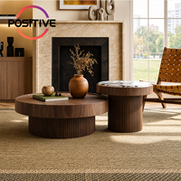 Ensemble de tables basses rondes de style moderne du milieu du siècle avec finition en noyer, plateau en pierre de luxe pour salon, projet hôtelier, vente en gros