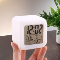 Jam Alarm termometer Digital LED 7 warna, Jam Alarm LED Digital, tampilan tanggal, lampu malam, jam meja bersinar, jam elektronik gerakan plastik
