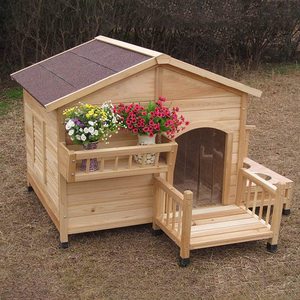 Hundehütte Holz im Freien mit Veranda Food Bowl Birds String Solid Home Blockhaus Stil Zwinger Wetter beständig Wasserdicht - Product Image 3