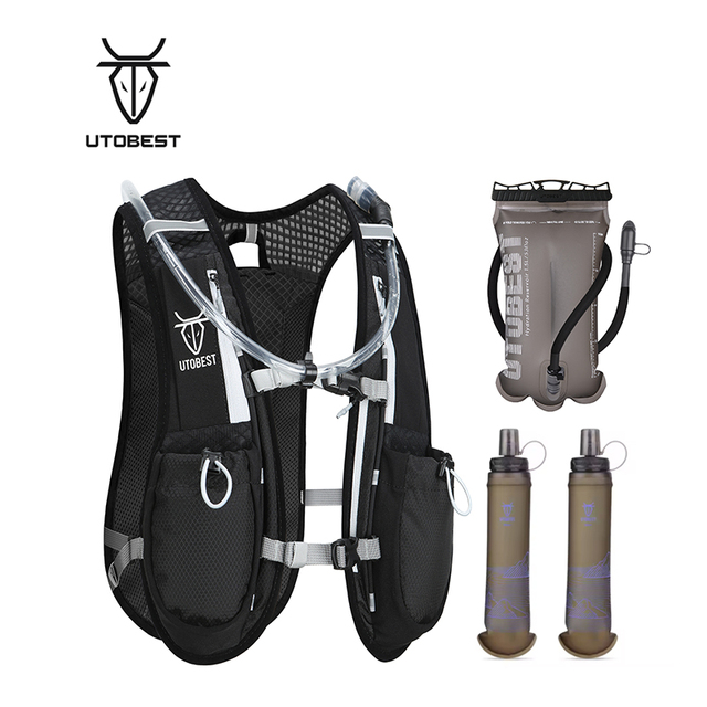 Sports Waterproof Nylon 5L Hydration Pack with 1.5L TPU Hydration Bladder and 500ML Soft Flask Bottles BPA Free