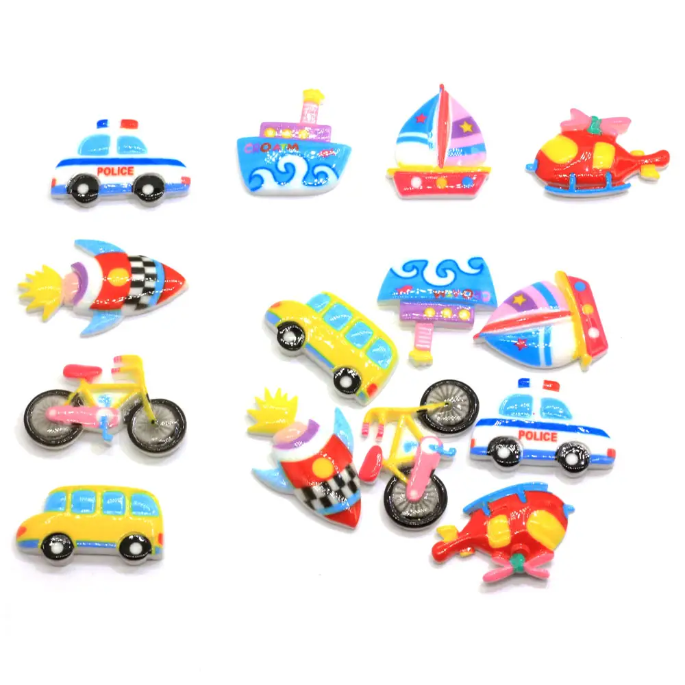 100Pcs Mix Stijl Vervoer Voertuig Hars Auto Boot Fiets Helicopter Rocket Miniatuur Plaksteen Cabochon Diy Craft Scrapbooking