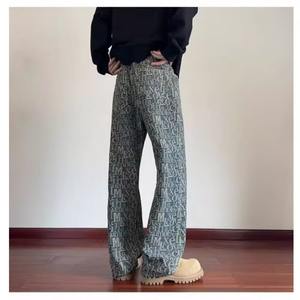 American Retro Youth Letter Denim <b>Jeans</b> <b>Men</b> Spring Autumn High Street Full Print Straight Micro Flare Color Blocking High Waist - Product Image 3