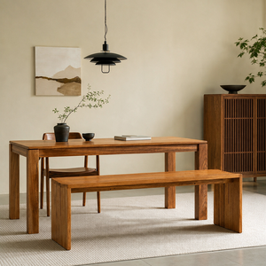 Tavolo <span class=keywords><strong>da</strong></span> Pranzo Moderno di Lusso Minimalista Contemporaneo in Legno di Teak Birmano Naturale Massiccio con <span class=keywords><strong>2</strong></span> Panche, Arredamento per Sala <span class=keywords><strong>da</strong></span> Pranzo - Product Image 1