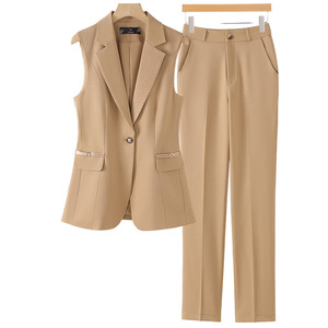 Women's Pink Suit <b>Set</b> Sleeveless <b>Blazer</b> Pants Solid Color Polyester Anti-Wrinkle Professional Workwear - Product Image 5