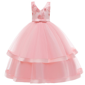 Robe de princesse pour enfants, robe de bal en tulle rose à col en v, robe de demoiselle d'honneur pour filles - Product Image 5
