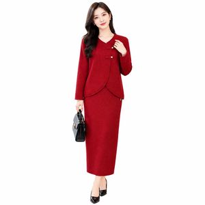 Ensemble jupe deux pièces en tricot rouge pour femme, col en V, style chinois, boutons grenouille, pull en laine, jupe crayon mi-longue - Product Image 1