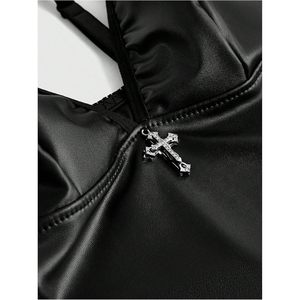 FOXA Women's Gothic Cross <b>Bodysuit</b> Faux Leather Lace Up Sleeveless One Piece Nightwear Tummy Control <b>Shapewear</b> - Product Image 3