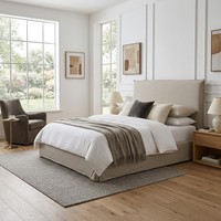 Cadre de lit réglable Queen Size moderne 100% lin doux avec housse amovible, pieds en chêne massif, lattes, assemblage simple, vente en gros