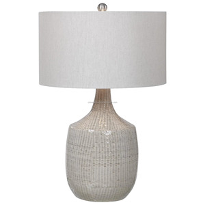 Lampe de table moderne minimaliste en céramique bicolore blanc et beige |   Éclairage neutre élégant pour hôtel, café et espace de travail ouvert - Product Image 2
