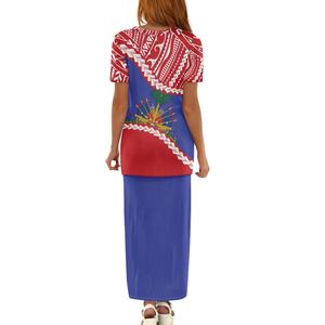 <span class=keywords><strong>Tahiti</strong></span> île du Pacifique Puletasi motif <span class=keywords><strong>de</strong></span> <span class=keywords><strong>tatouage</strong></span> tribal polynésien 2PC haut à manches courtes jupe costume qualité robe moulante en gros - Product Image 3