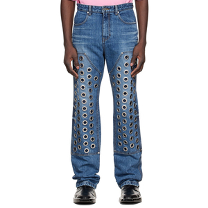 Custom Punk Rock Clothing Non Stretch Full Eyelets Blue <strong>See</strong> <strong>Through</strong> Bootcut Jeans <strong>Mens</strong> - Product Image 1