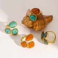 Bague en acier inoxydable avec pierres naturelles de couleur gemme, or rose, bleu paon, en forme de goutte d'eau et carrés