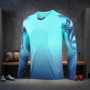 Maillot de football à manches longues pour homme, col en V, imprimé géométrique sublimé, évacuation de l'humidité, coupe athlétique, manches longues, dégradé bleu - Product Image 1