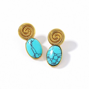 Stainless Steel <b>Stud</b> <b>Earrings</b> With <b>Turquoise</b> Inlay Geometric Design 18k Gold Plated Bezel Setting For Women Fashion Jewelry - Product Image 5