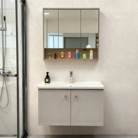 Meuble de salle de bain mural moderne de luxe en acier inoxydable kaki avec cadre en PVC, vasque en céramique et rangement miroir pour petit appartement
