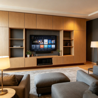 Meubles TV sur mesure directement de l'usine, design à grain de bois délicat, console TV murale flottante suspendue