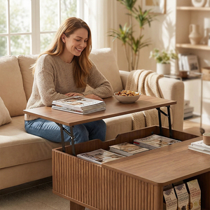 Tavolino da Caffè con Piano Sollevabile, Tavolo Centrale in Legno Scanalato con Anta Scorrevole, Tavolino Quadrato da 75,5 cm con Vano Portaoggetti per Soggiorno - Product Image 5