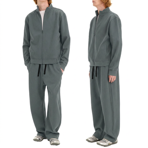 Men's Solid <b>Black</b> Tracksuit Full Zip Stand Collar Casual Loose Fit Cotton Joggers with Side Pockets Autumn Wear - Product Image 4