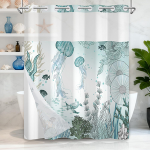 Rideau de douche décoratif en tissu double couche sans crochets, motif corail marin côtier, avec fenêtre supérieure en maille - Product Image 1