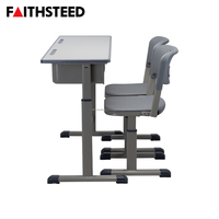 Ensemble bureau et chaise double gris pour étudiants, hauteur réglable, poste de travail en classe avec structure en acier robuste pour l'étude