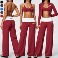 Ensemble de vêtements de sport pour femmes, 3 pièces, veste de sport à manches longues, soutien-gorge de sport à col en V, pantalon large à plis, ensemble de vêtements de sport