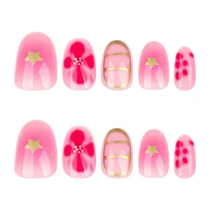 Ongles courts et ronds Y2K mignons, motif fleur et étoile, 24 pièces, fabriqués à la machine, à presser, détachables avec colle - Product Image 4