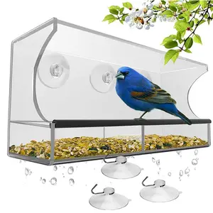 Cage d'alimentation pour les oiseaux, cage d'alimentation en verre acrylique transparent, fenêtre sauvage, facile à suspendre, avec ventouse forte