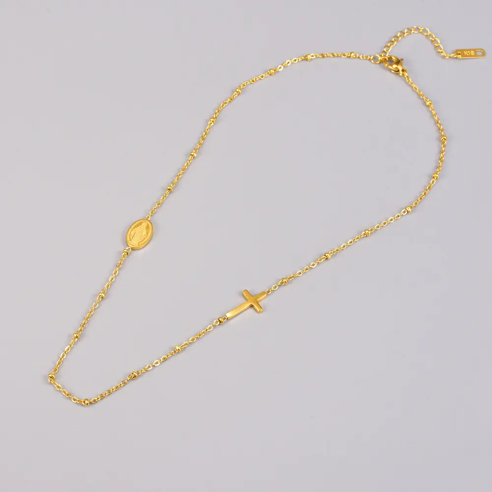 Collana con ciondolo croce in acciaio inossidabile di alta qualità placcata in oro 18 carati con catena di perline con ciondolo ovale di gioielli religiosi