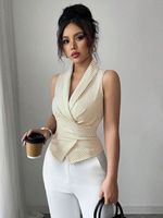 Camisa de Verano 2025 sin Mangas para Mujer, de Satén y Poliéster, Cuello Redondo, Diseño de Parches, Cintura Ajustada, Estilo Europeo Americano, Rayas, para Oficina