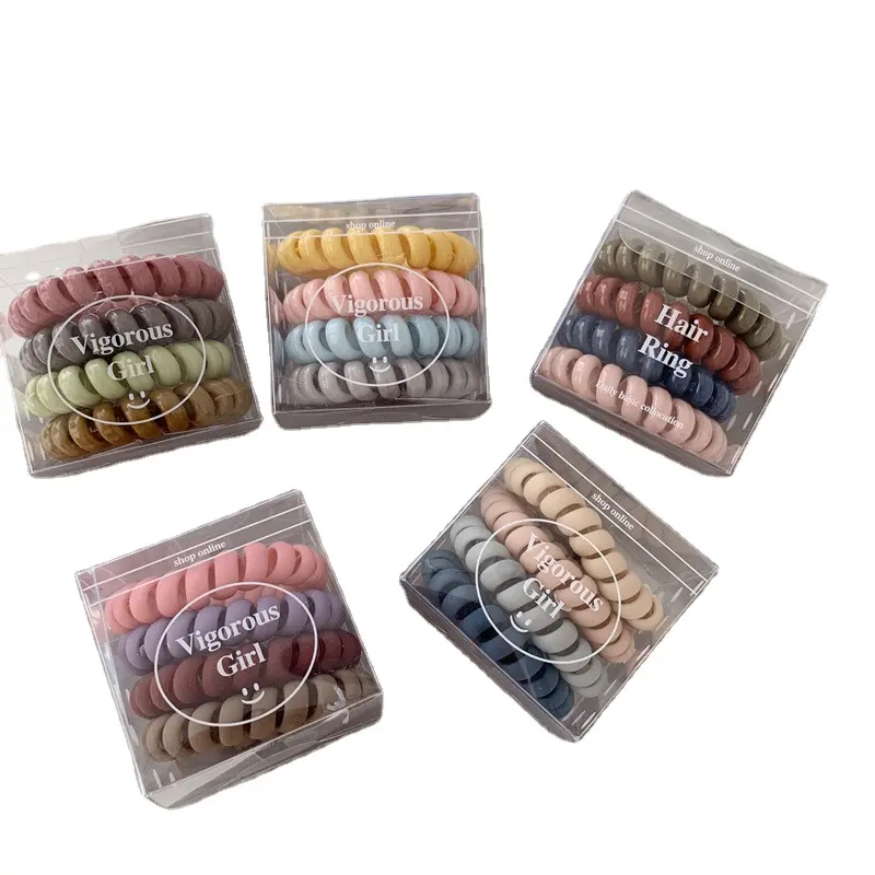 Di modo di colore Satinato 4 pcs gomma plastica fasce per capelli cavo telefonico legami set elastico anello di capelli scrunchies in una scatola per le donne