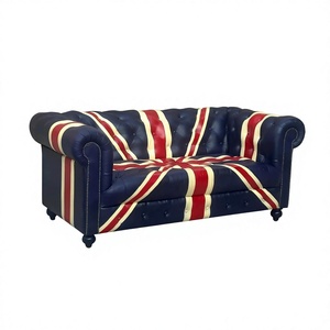 Designer Union Flag Genuine Leather <b>Foam</b> <b>Sofa</b> Deep Button Tufted Back Solid Wood Frame Rolled Arms Eco-Friendly Transitional - Product Image 2