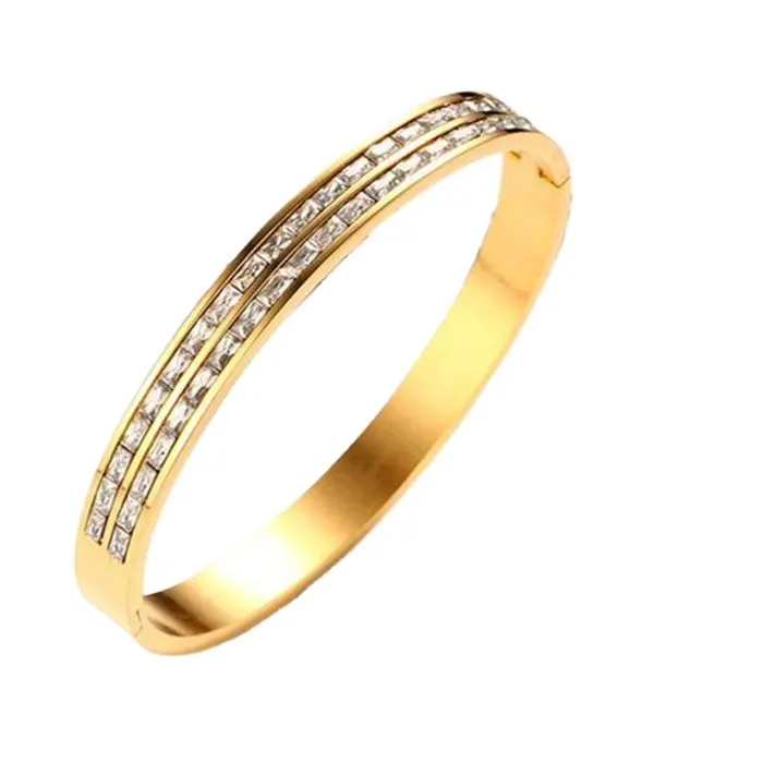 Brazalete de acero inoxidable chapado en oro para mujer, diamantes de imitación blancos de doble <span class=keywords><strong>línea</strong></span> de 8mm de ancho y lujo
