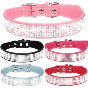 Custom New Design Bling Shiny Diamond PU Dog Collar High Quality Luxury Adjustment Leather Pet Cat Dog Collar with Rhinestone