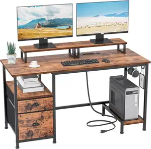 서랍 및 전원 콘센트 모니터 스탠드 및 패브릭 파일 캐비닛이있는 컴퓨터 책상 홈 오피스 용 스탠드가있는 게임 책상