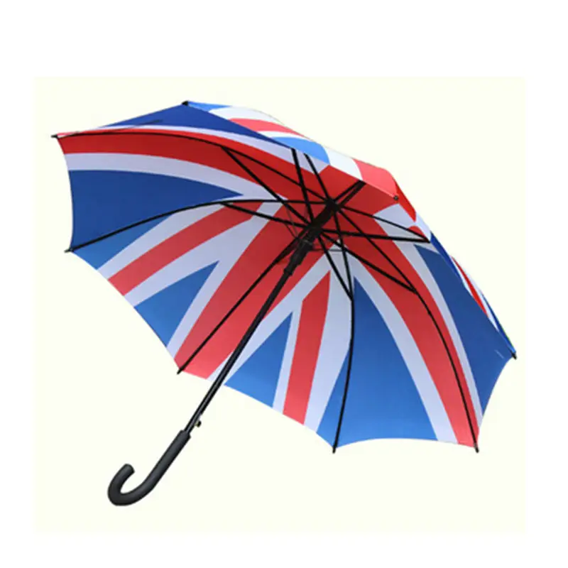 Custom Print Union Jack Britische Flagge Lager Auto Open Straight Regenschirm mit Gummi griff