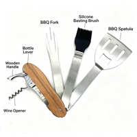 Ensemble d'outils de barbecue portables multifonctionnels 5 en 1 pour le camping en plein air, avec manche en bois et acier inoxydable détachable
