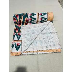 Cotton Kantha <b>Quilt</b> Bedspread With Hand Block Printed Textile Art Designed <b>For</b> Everyday <b>Bedding</b> Warmth And Elegant Interior - Product Image 4
