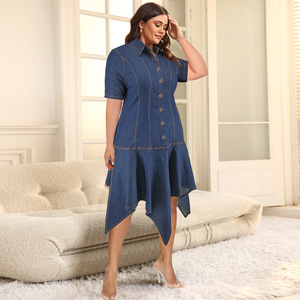 Robes en jean grande taille pour femmes, manches longues, boutonnées, taille nouée, robe chemise midi en jean, <span class=keywords><strong>tenue</strong></span> élégante tendance chic et sinueuse - Product Image 2
