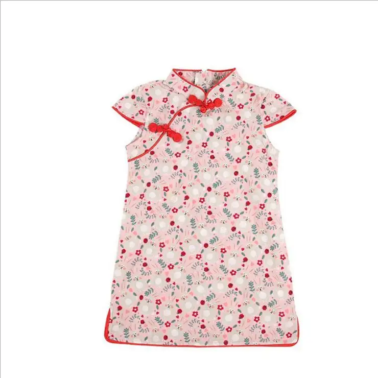 Chinese Cheongsam Summer Children Girls Dress Kids Short Sleeve Print Dresses Princess Cute Cotton Cheongsam