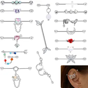14G Industrial Barbell Stainless Steel Long Cartilage Helix Conch Chain Butterfly Body Piercing Jewelry for Women Men