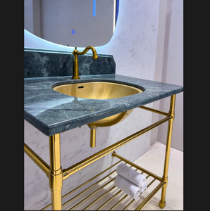 Meuble sous-vasque <span class=keywords><strong>en</strong></span> laiton satiné doré mat, style classique de luxe, structure <span class=keywords><strong>en</strong></span> métal, dessus de table <span class=keywords><strong>en</strong></span> pierre - Product Image 6