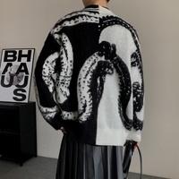 Cardigan en tricot ample à col en V et motif abstrait contrastant pour homme, idéal pour un usage quotidien décontracté