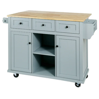 Chariot îlot de cuisine Blue Drop Leaf sur 5 roues avec armoire de rangement et 3 tiroirs pour salle à manger