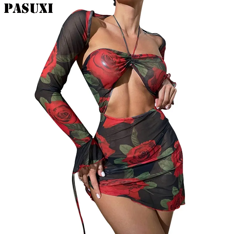 PASUXI 2024 Hot Sale Backless Women Printed Up Swimsuit Halter String Custom Bikini Sets Suntan Smock Beach Sexy Bathing Suits